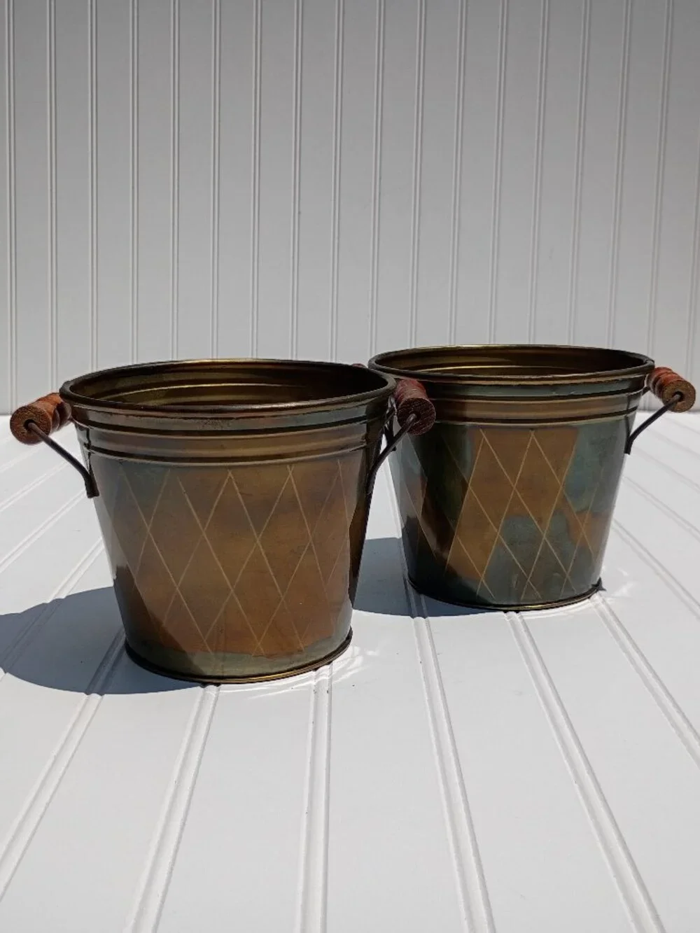 Vintage Brass Planters with Wooden Handles Set of 2 Diamond Pattern Pot Cachepot